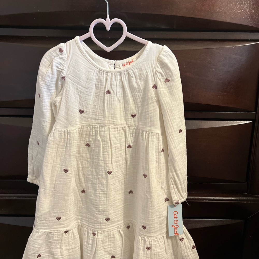 Cat & Jack White Long-Sleeve Dress with Pink Heart Embroidery